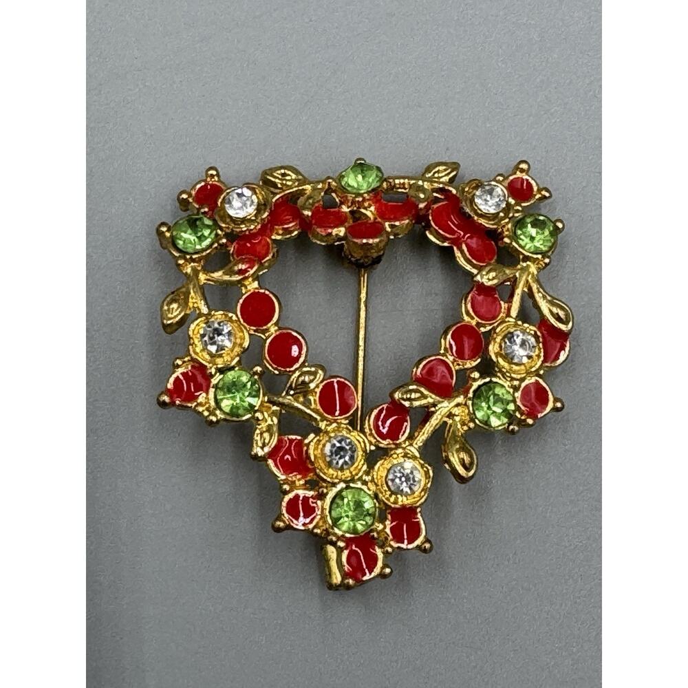 Vintage Christmas Colored Wreath Shaped Brooch Lapel Pin